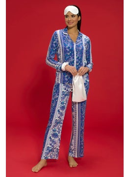 for you in&out 7-Piece Viscose Both Inside and Outside Ethnic Pattern Blue Pajama Set S27406  - Image 2