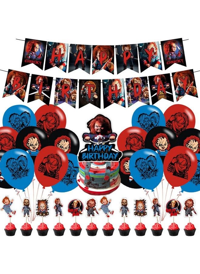 Generic - Horror Movie Character Party Decorations,Chucky Party Supplies,Halloween Ghost Scary Horror Themed Includes Banner,Cake Toppers And Horror Balloons For Halloween Birthday Decorations - Image 1
