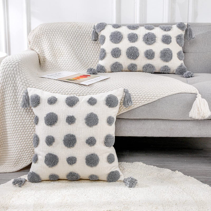 PANOD Super Soft Farmhouse Decorative Plush Throw Pillow Covers 12 x 20 Grey Solid Pom pom Tufted with Tassels Modern Accent Boho Lumbar Cushion Cover Pillow Case for Couch Sofa - Image 3