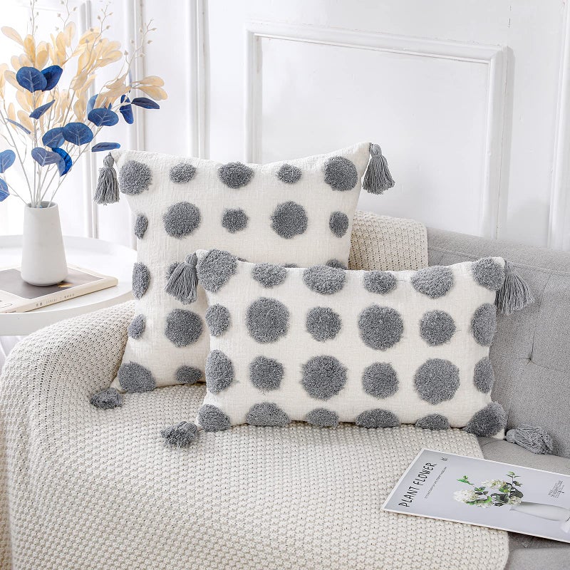 PANOD Super Soft Farmhouse Decorative Plush Throw Pillow Covers 12 x 20 Grey Solid Pom pom Tufted with Tassels Modern Accent Boho Lumbar Cushion Cover Pillow Case for Couch Sofa - Image 2