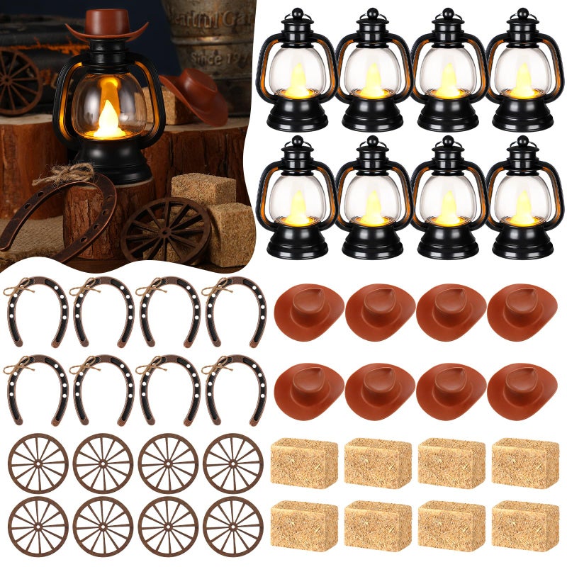 Ferraycle Ferraycle 60 Pcs Cowboy Theme Party Decoration Western Party Decor Rodeo Table Centerpieces Rustic Country Mini Cowboy Hat Lantern Horseshoe Wagon Wheel Hay Bales for Adult Cowgirl Brown