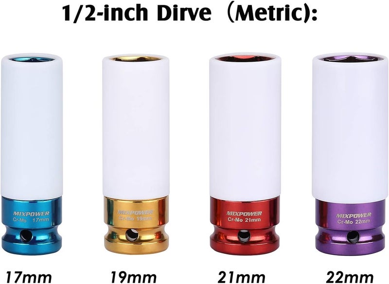 MIXPOWER 1/2" Drive Wheel Protector Impact Socket, 4 pcs Thin Wall Deep Impact Socket Set, Durable Plastic Sleeve Lug Nut Socket, 6 Point, Metric, 17mm,19mm,21mm,22mm - Image 3