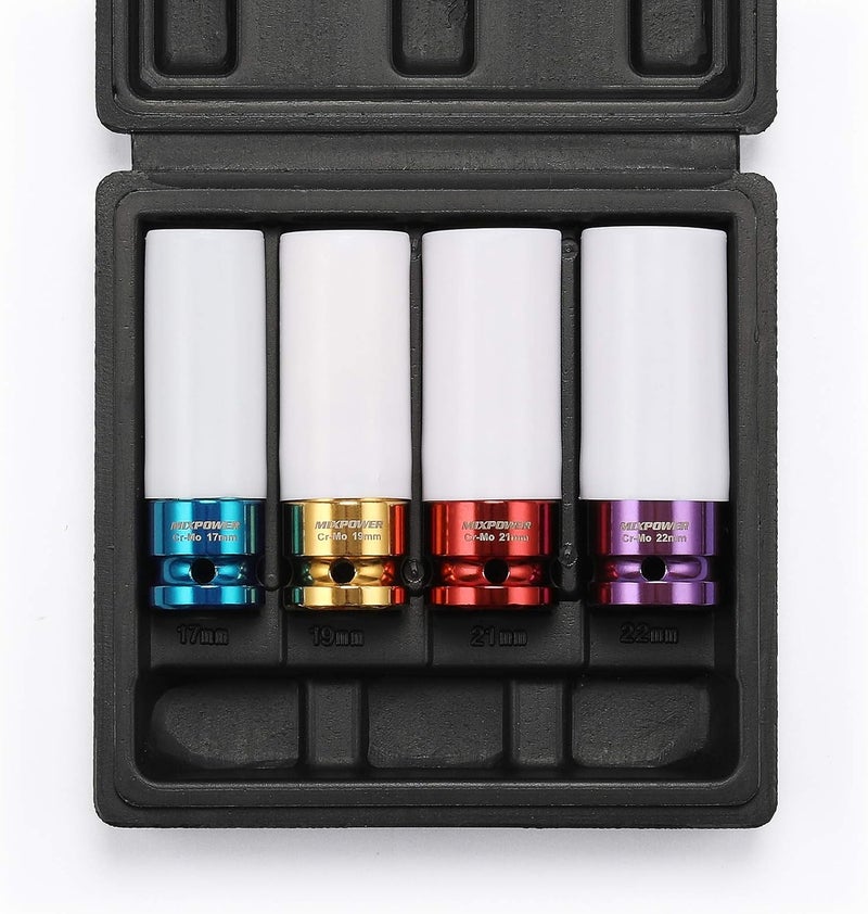 MIXPOWER 1/2" Drive Wheel Protector Impact Socket, 4 pcs Thin Wall Deep Impact Socket Set, Durable Plastic Sleeve Lug Nut Socket, 6 Point, Metric, 17mm,19mm,21mm,22mm - Image 2