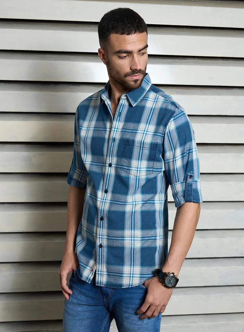 HIGH STAR Men's Multicolour 100% Cotton Checkered Button Down Regular Fit Shirt