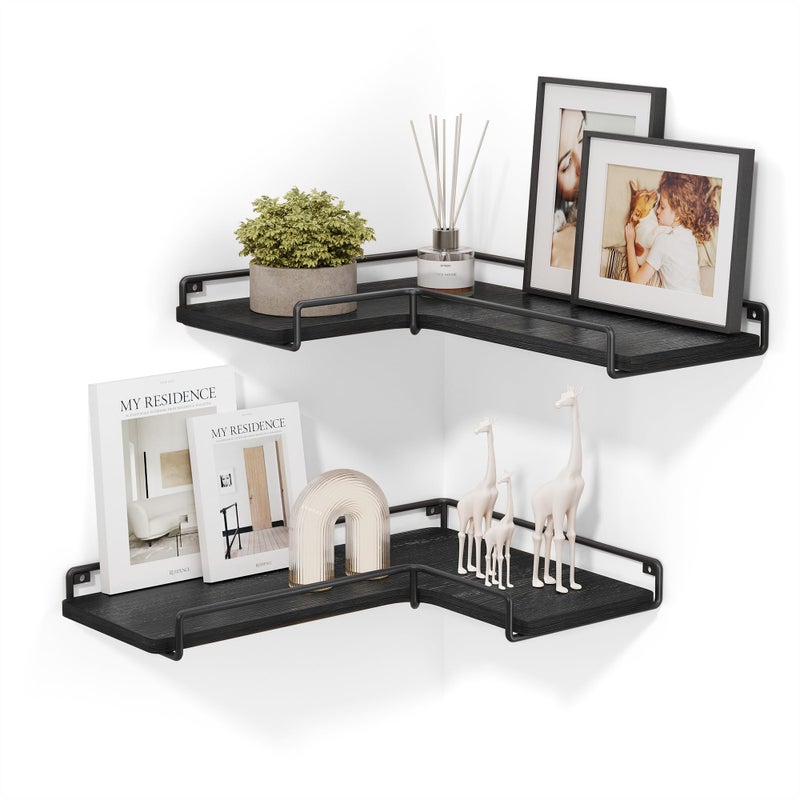VASAGLE Corner Shelf Wall Mount Set of 2 Corner Floating Shelves Small Corner Wall Shelf for Decor Storage for Living Room Bedroom Kitchen Bathroom Black ULLS831B22