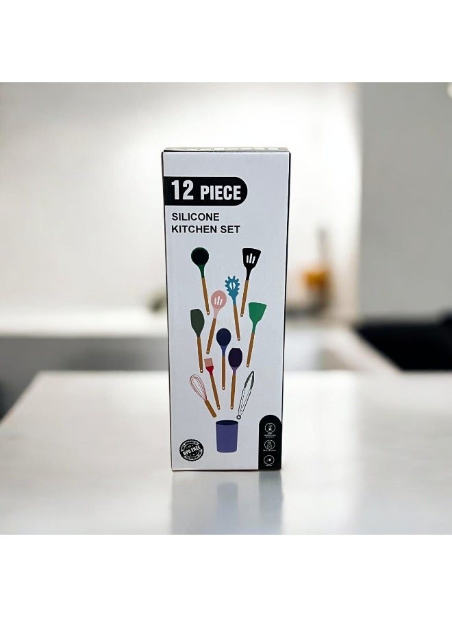 12-Piece Silicone Kitchen Utensil Set with Wooden Handles - Image 1