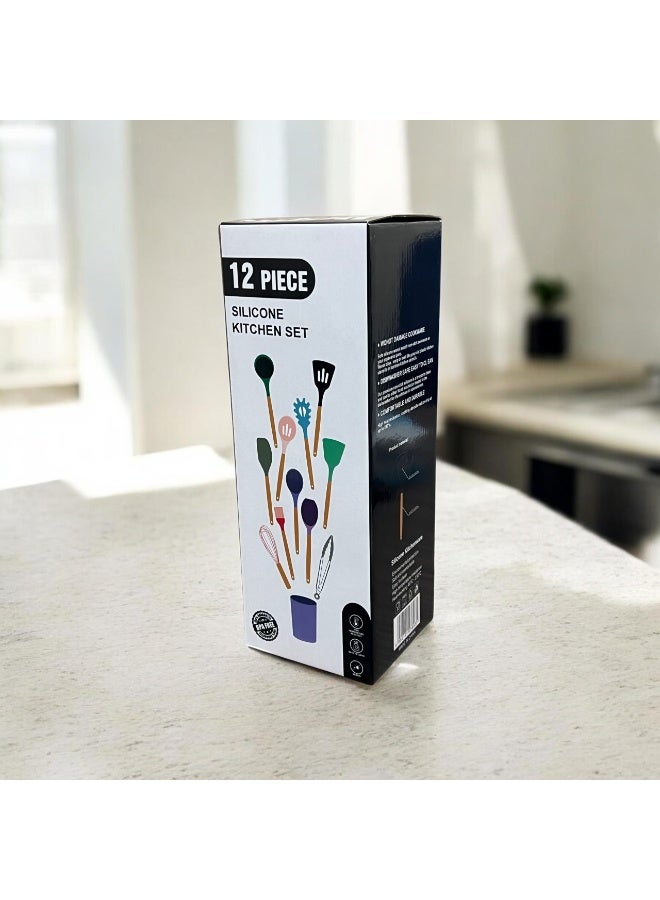 12-Piece Silicone Kitchen Utensil Set with Wooden Handles - Image 2