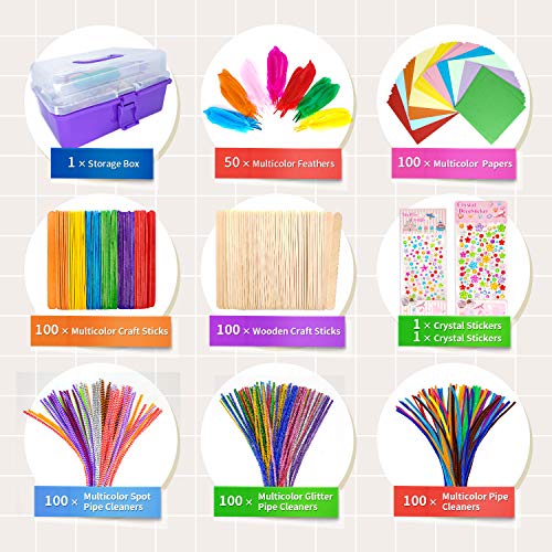 kortes 1405 Pcs Art and Craft Supplies for Kids, Toddler DIY Craft Art Supply Set Included Pipe Cleaners, Pom Poms, Feather, Folding Storage Box - All in One for Craft DIY Art Supplies (Purple) - Image 3