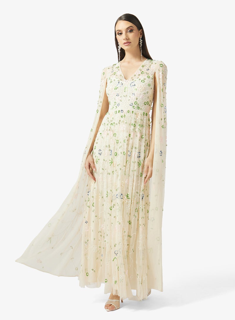 بيوت فستان ماكسي بأكمام كاب وياقة على شكل حرف - Image 1