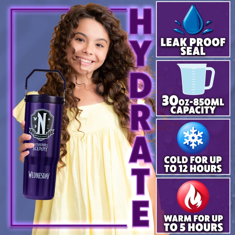 Get Trend Wednesday Tumbler with Straw 30oz Girls Teens Insulated Cup with Lid Handle Travel Mug Cups with Lids for School Sports Gifts for Girls (Purple Wednesday) - Image 2
