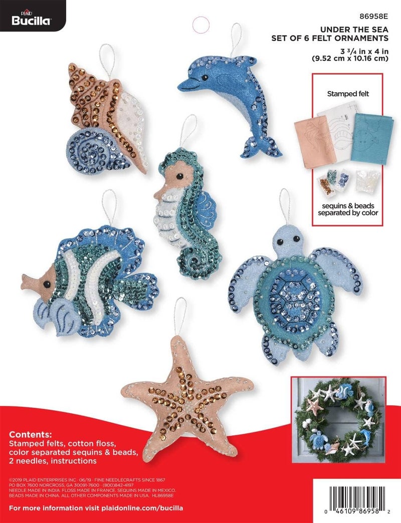 Bucilla Felt Applique Kit, 6 Piece Holiday Ornament Kit, Under The Sea - Image 1