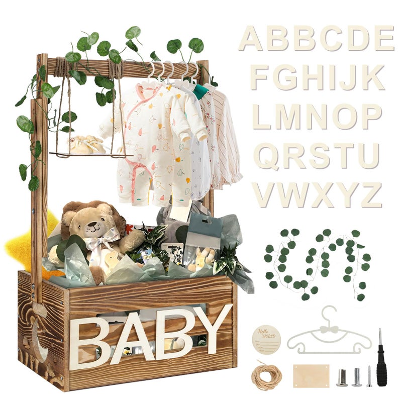 TAEYONK Wooden Baby Shower Crate Closet, Baby Shower Basket with 33.5" High Hanger Rack and Swing, DIY Baby Welcome Box with Handle, Easy Assembly Storage Crate for Pregnancy New Parentï¼ˆBrownï¼‰ - Image 1