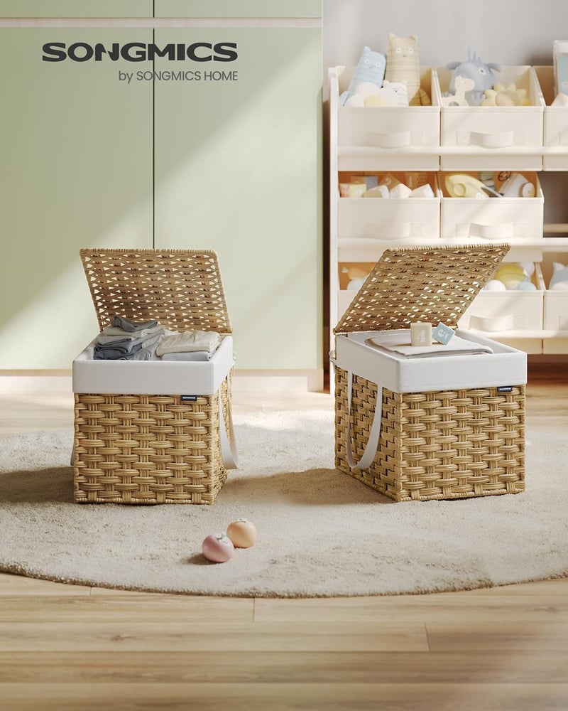 SONGMICS سلة غسيل SONGMICS مع غطاء، سعة 9.5 جالون (36 لتر) من الروطان الصناعي مع غطاء ومقابض، قابلة للطي، بطانة قابلة للإزالة، لون طبيعي - Image 2