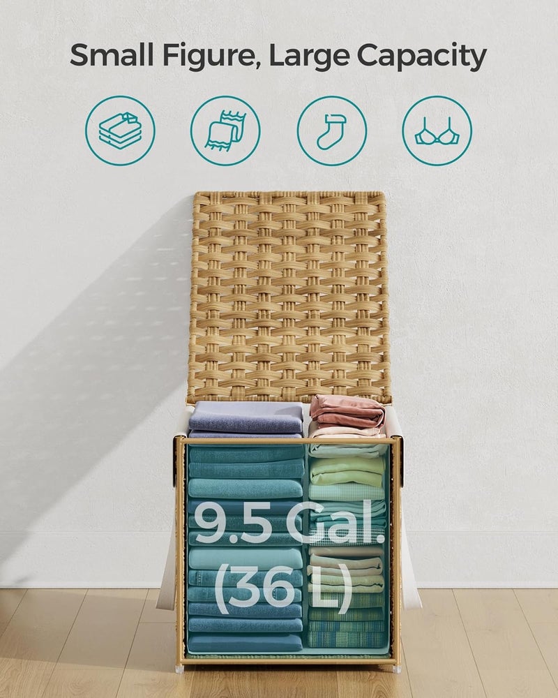 SONGMICS سلة غسيل SONGMICS مع غطاء، سعة 9.5 جالون (36 لتر) من الروطان الصناعي مع غطاء ومقابض، قابلة للطي، بطانة قابلة للإزالة، لون طبيعي - Image 5