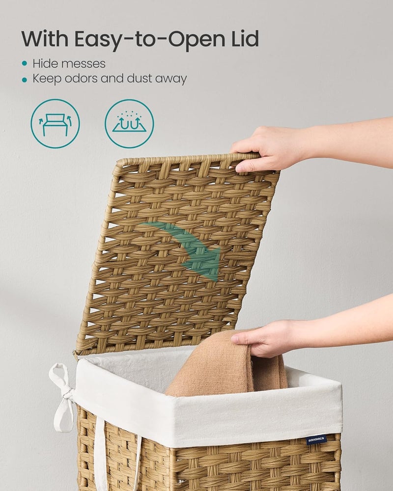 SONGMICS سلة غسيل SONGMICS مع غطاء، سعة 9.5 جالون (36 لتر) من الروطان الصناعي مع غطاء ومقابض، قابلة للطي، بطانة قابلة للإزالة، لون طبيعي - Image 3