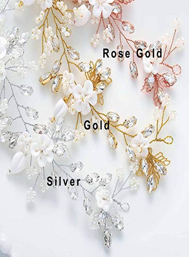 Unicra Bride Flower Wedding Hair Vine Pearls Bridal Hair Piece Crystal Hair Accessories For Women And Girls (Silver) - Image 2