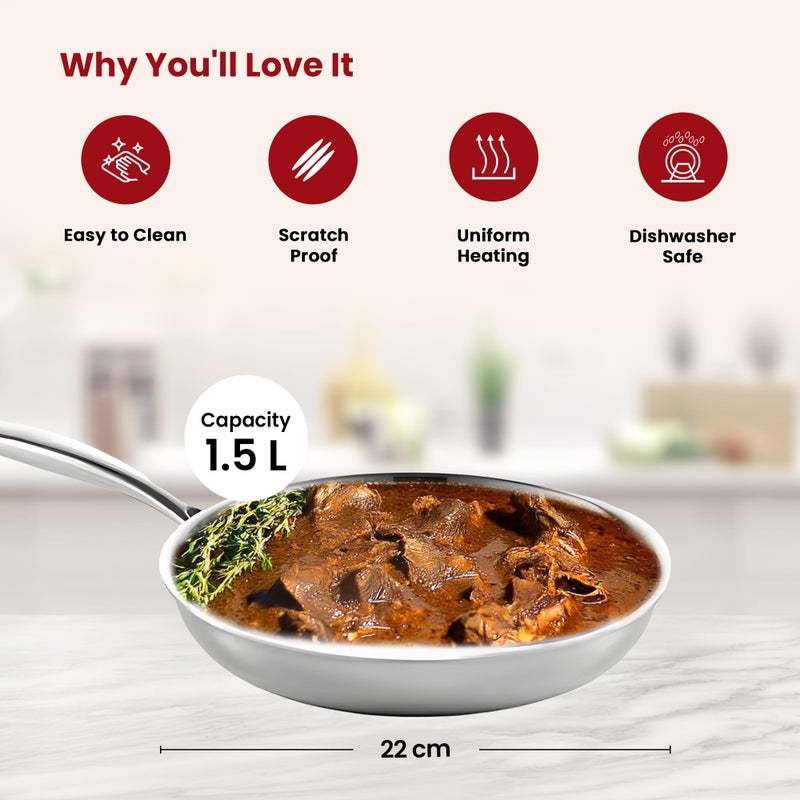 Homestic 1.5L Aluminium Triply Frying Pan | Kadai for Cooking with Handle & Lid | Deep Fry Cookware Wok for Kitchen | Gas & Induction Base Cooking Chinese Karahi | Silver - Image 3