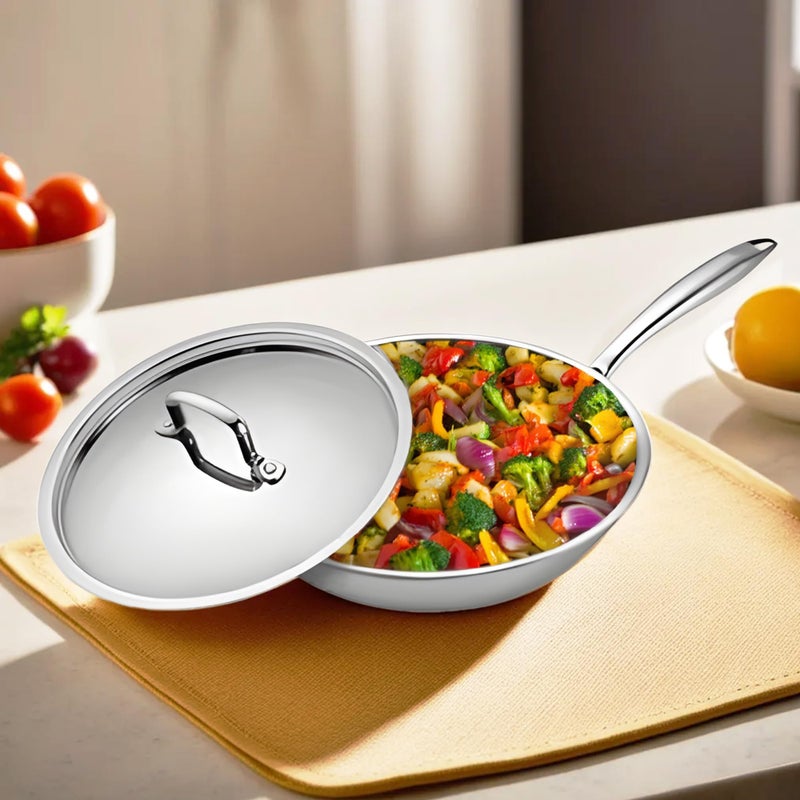 Homestic 1.5L Aluminium Triply Frying Pan | Kadai for Cooking with Handle & Lid | Deep Fry Cookware Wok for Kitchen | Gas & Induction Base Cooking Chinese Karahi | Silver - Image 1