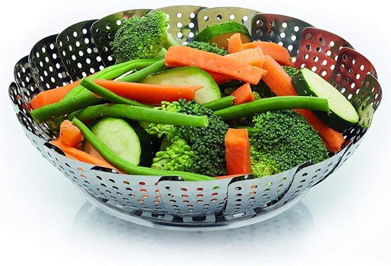Adjustable Steam Strainer to Fit Various Pots Stainless Steel Metal Steam Basket,Foldable Steam Baskets for Cooking Food,Expandable Fits Various Sizes (Silver, Large) - Image 1