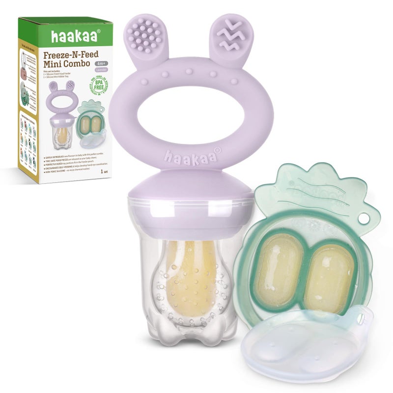 Haakaa Baby Fruit Food Feeder & Mini Freezer Nibble Tray Combo, Breastmilk Popsicle Molds for Baby Cooling Relief, BPA Free Silicone Feeder for Safe Infant Self Feeding, 4 Month+ (Lavender) - Image 1