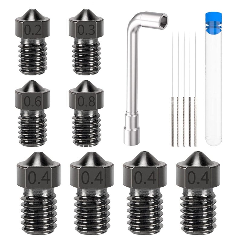 3D Printer Nozzles: 8 Pcs Black Hardened Tungsten Steel - Superior Wear Resistance for Abrasive Filaments, Universal Compatibility with Prusa I3 E3D V6 Hotends, Complete Maintenance Kit Included for 3 - Image 1