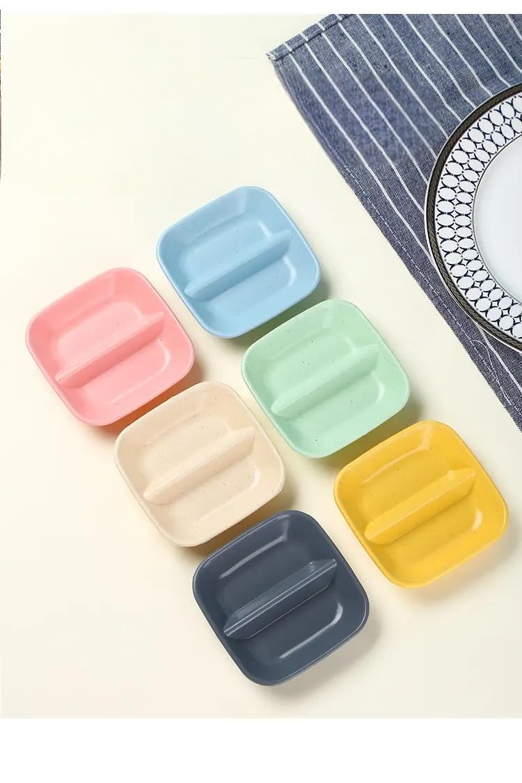 PLENARO 2 Grid Mini Kitchen Storage TrayDouble Compartment Plate Dip Dish Wheat Straw SauceSeasoning Sauce Vinegar Pickles Snacks Separator Divider Bowl Dish 9CM Random Colour Pack of 12 - Image 1