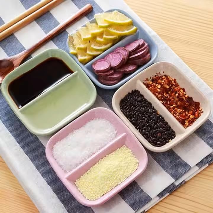 PLENARO 2 Grid Mini Kitchen Storage TrayDouble Compartment Plate Dip Dish Wheat Straw SauceSeasoning Sauce Vinegar Pickles Snacks Separator Divider Bowl Dish 9CM Random Colour Pack of 12 - Image 5