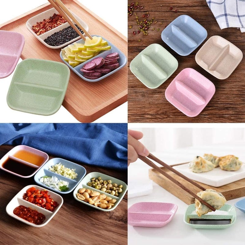 PLENARO 2 Grid Mini Kitchen Storage TrayDouble Compartment Plate Dip Dish Wheat Straw SauceSeasoning Sauce Vinegar Pickles Snacks Separator Divider Bowl Dish 9CM Random Colour Pack of 12 - Image 3