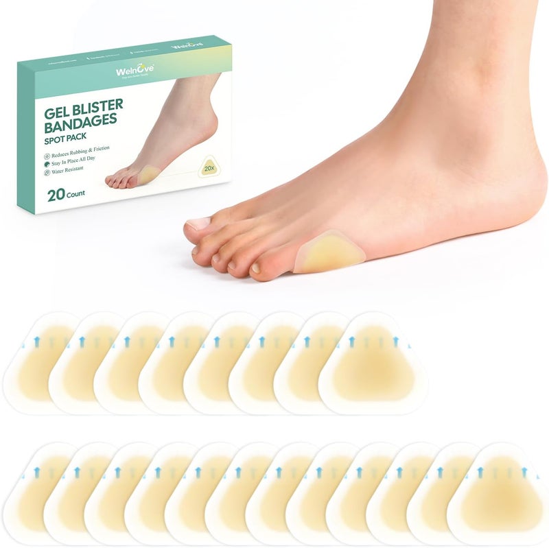 Welnove Gel Blister Bandages Blister Pads  Welnove 20ct Blister Cushions  Waterproof Hydrocolloid Bandages for Feet Fingers Toes Heel Moleskin for Blister Prevention Spot Pack - Image 1