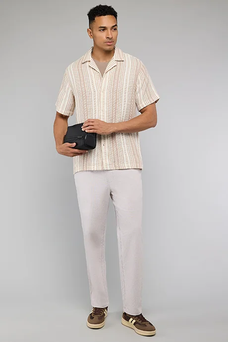 R&B Striped Shirt with Revere Collar and Short Sleeves
