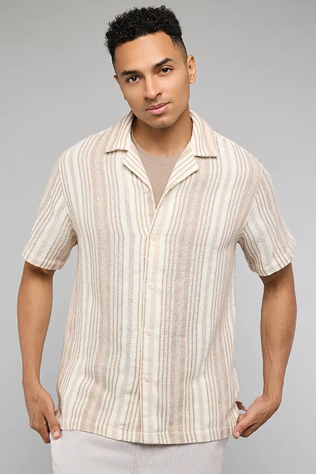 R&B Striped Shirt with Revere Collar and Short Sleeves