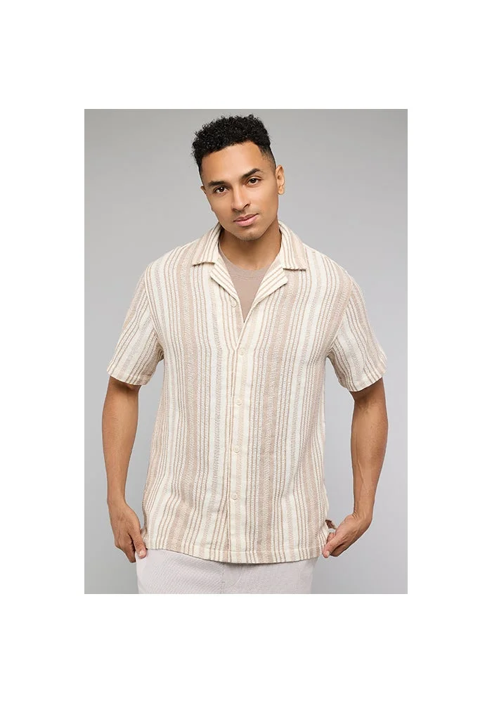 R&b Striped Shirt with Revere Collar and Short Sleeves