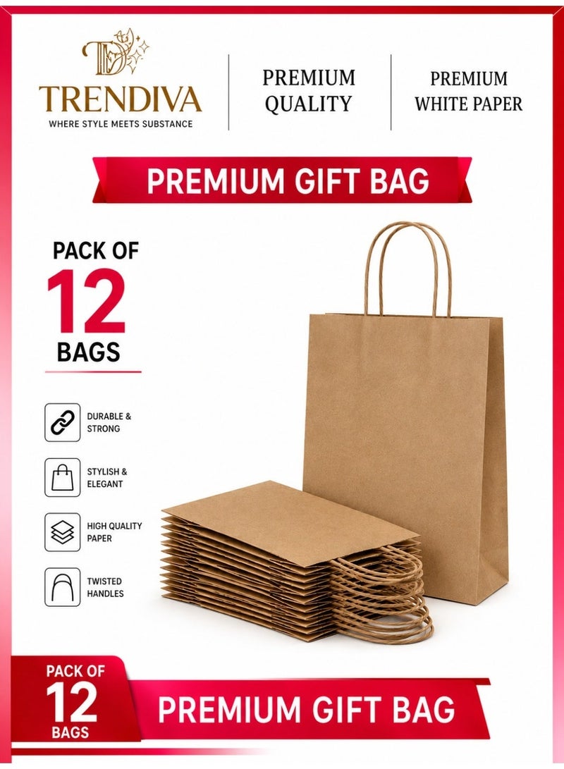 Trendiva Premium Kraft Brown Paper Bags (Pack of 12) - Eco-Friendly Reusable Shopping Bags with Reinforced Twisted Handles - Heavy-Duty Takeaway Bags for Grocery, Retail, and DIY Customization - Medium Size - Image 1