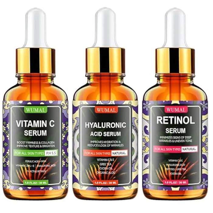 Wumal 3 Pack Face Serum Set - Includes Vitamin C, Retinol & Hyaluronic Acid - Firming, Brightening & Hydrating - Reset Your Skin Day and Night - Image 1
