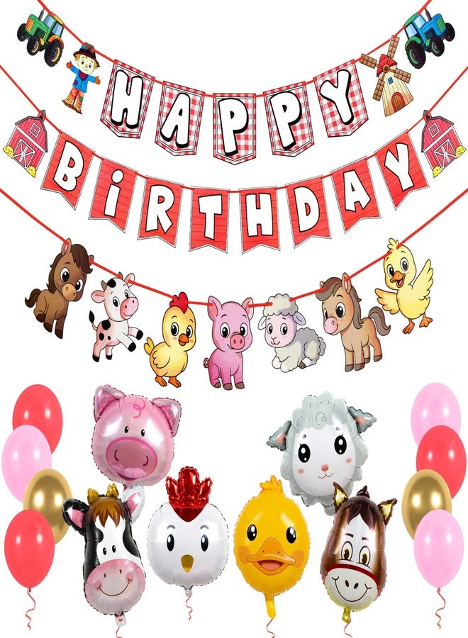 Pirese Farm Birthday Decorations, Farm Animal Birthday Banner Kit with Balloons, Pre-Strung Happy Birthday Banner, Barnyard Birthday Decorations with 6 Farm Animal Foil Balloons & 12in Latex Balloons - Image 1