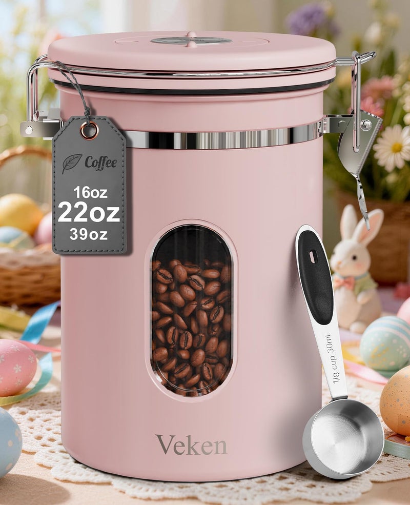 Veken Coffee Canister with Window, Easter Gifts Airtight Stainless Steel Container with Lids, Home Kitchen Food Storage Jars for Grounds, Beans, Tea, Flour, Cereal, Sugar, Basket, Scoop, 22OZ, Pink - Image 1