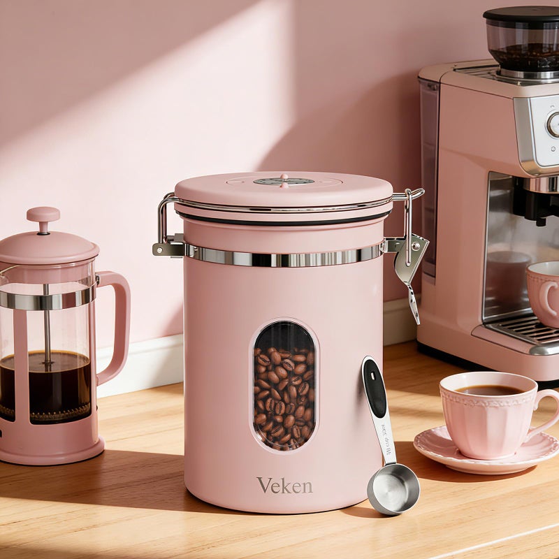 Veken Coffee Canister with Window, Easter Gifts Airtight Stainless Steel Container with Lids, Home Kitchen Food Storage Jars for Grounds, Beans, Tea, Flour, Cereal, Sugar, Basket, Scoop, 22OZ, Pink - Image 4