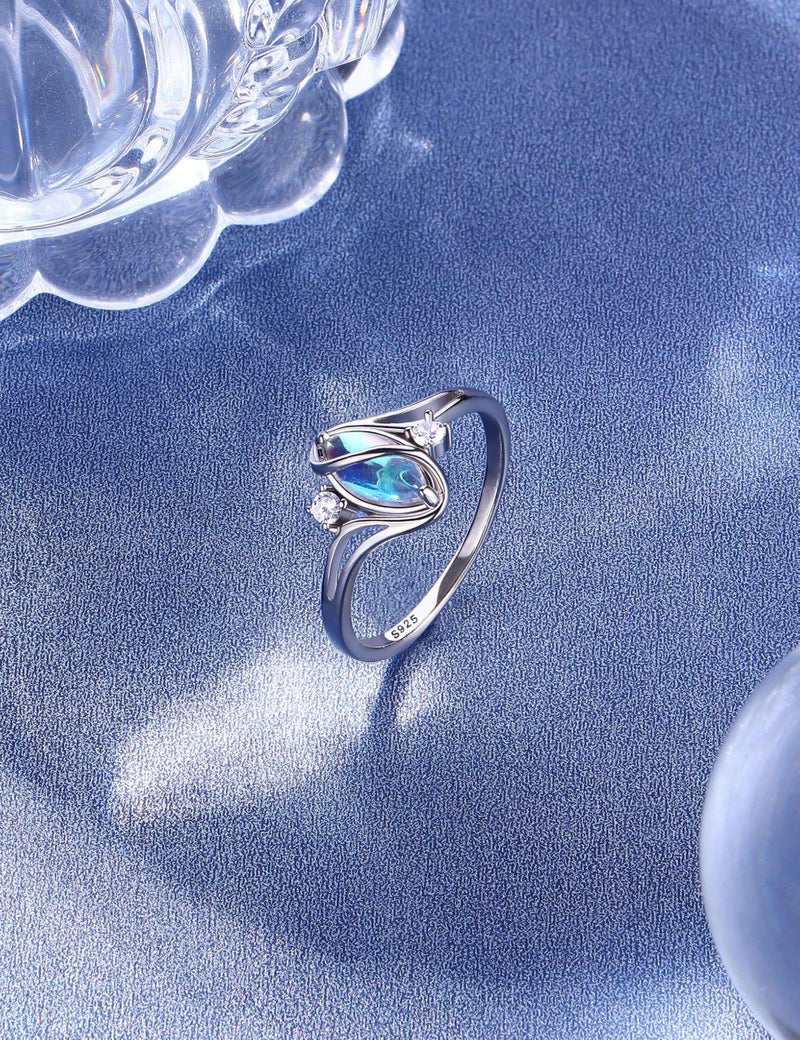 ADRAMATA 925 Sterling Silver Rings for Women Moonstone Ring Rainbow Cubic Zirconia Accents Ring Solitaire Gemstone Statement Rings 18K Gold Plated Silver Rings - Image 5