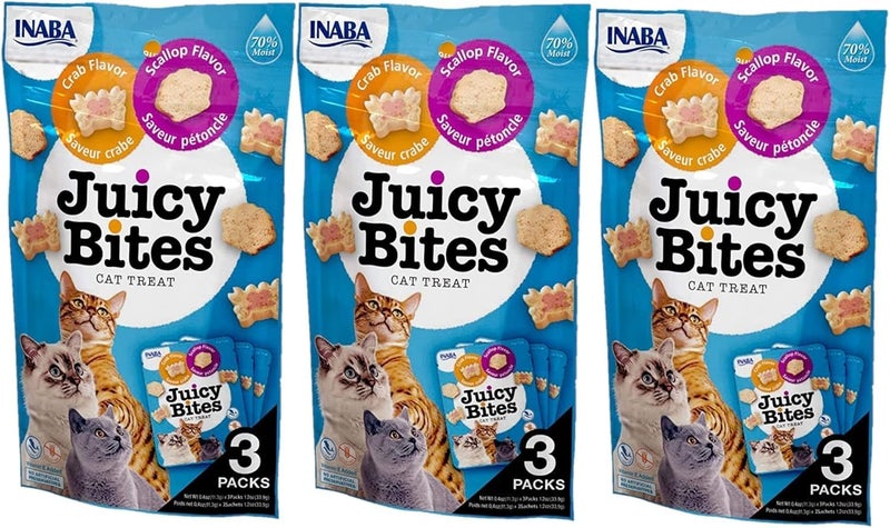 INABA Juicy Bites Grain-Free, Soft, Moist, Chewy Cat Treats with Vitamin E and Green Tea Extract, 0.4 Ounces per Pouch, 9 Pouches Total (3 per Bag), 3 Flavor Variety Pack - Image 1