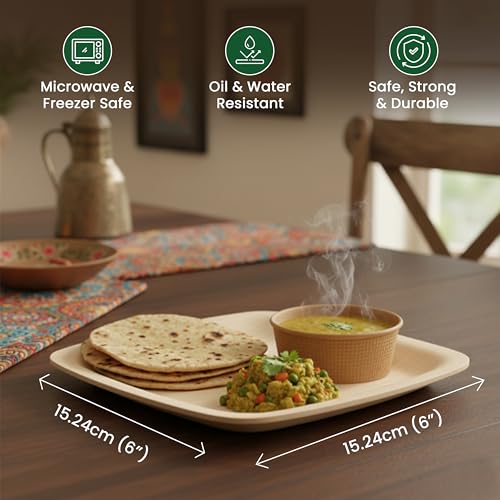 Eco Kranti – 6 Inch Bagasse Disposable Square Plates | Pack of 50 | Eco-Friendly, Biodegradable & Compostable | 100% Natural Plant-Based | Long Lasting Plates for Birthday, Wedding, Party & All Events - Image 2