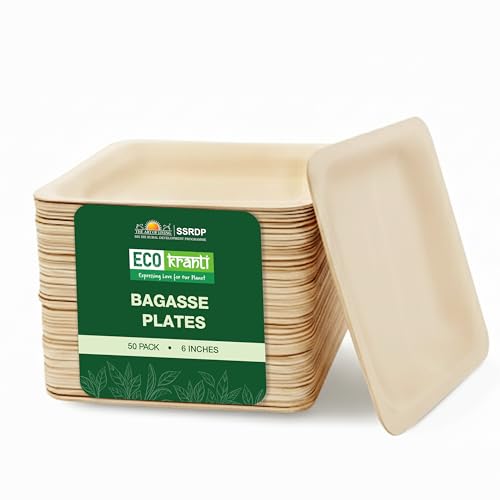 Eco Kranti – 6 Inch Bagasse Disposable Square Plates | Pack of 50 | Eco-Friendly, Biodegradable & Compostable | 100% Natural Plant-Based | Long Lasting Plates for Birthday, Wedding, Party & All Events - Image 1