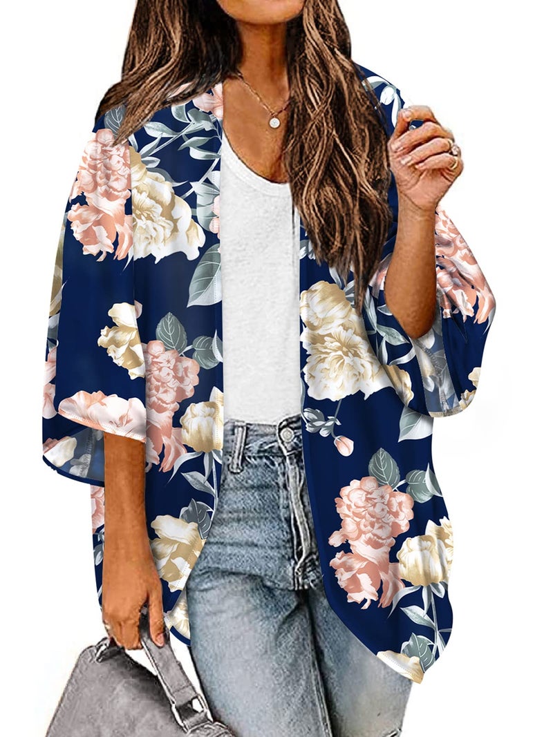BB&KK Women's Chiffon Floral Kimono Cover Ups Tops Lightweight Summer Cardigans Beach Sheer Boho Shirts Deep Blue Small - Image 3