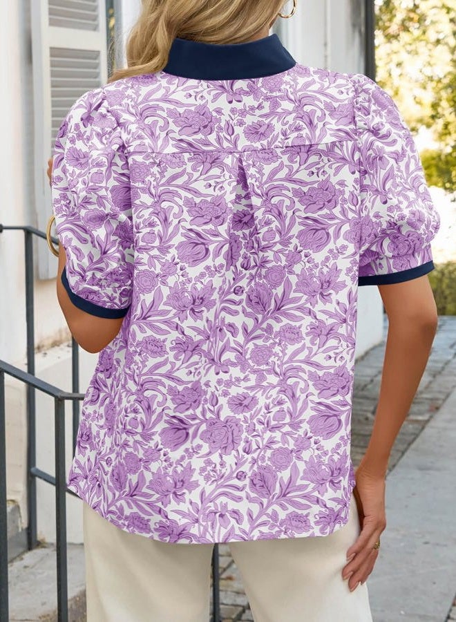 Cicy Bell Womens Floral Short Puff Sleeve Blouses V Neck Patchwork Boho Summer Tops Dressy Casual Shirts, Purple, XL - Image 4