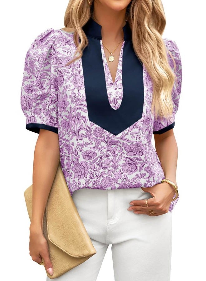 Cicy Bell Womens Floral Short Puff Sleeve Blouses V Neck Patchwork Boho Summer Tops Dressy Casual Shirts, Purple, XL - Image 1
