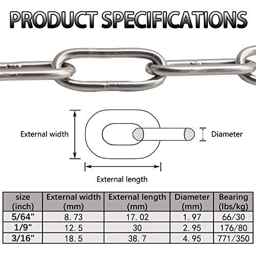 Metown Stainless Steel 304 Chain,Metown Stainless Steel Coil Chain 5m Length 2mm(5/64 inch) Thickness,Perfect for Anchor Chain, Pet Dog Chain, Camping, Clothes Hanging(2mm, 5) - Image 2
