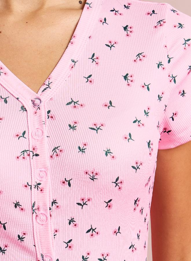 Styli Light Pink Ditsy Floral Print Teddy with Half Button Closure - Image 3