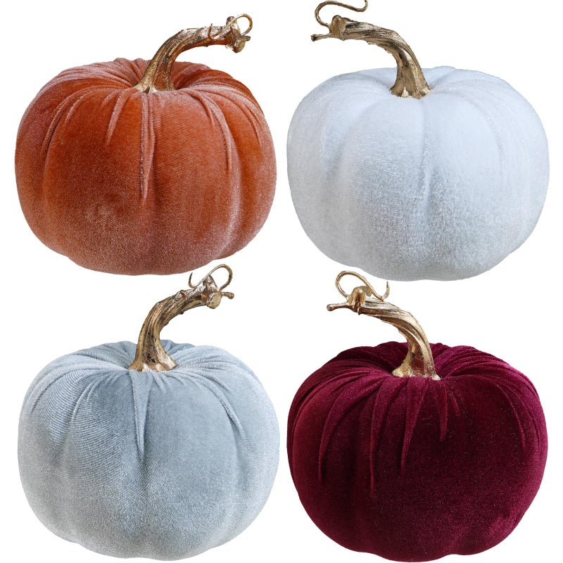Winlyn Set of 4 Fall Velvet Artificial Pumpkins with Gold Stems Decorative Fabric Pumpkins in Burgundy Bronze Gray White Faux Foam Pumpkins 5"" for Autumn Wedding Thanksgiving Halloween Mantel D?cor - Image 1