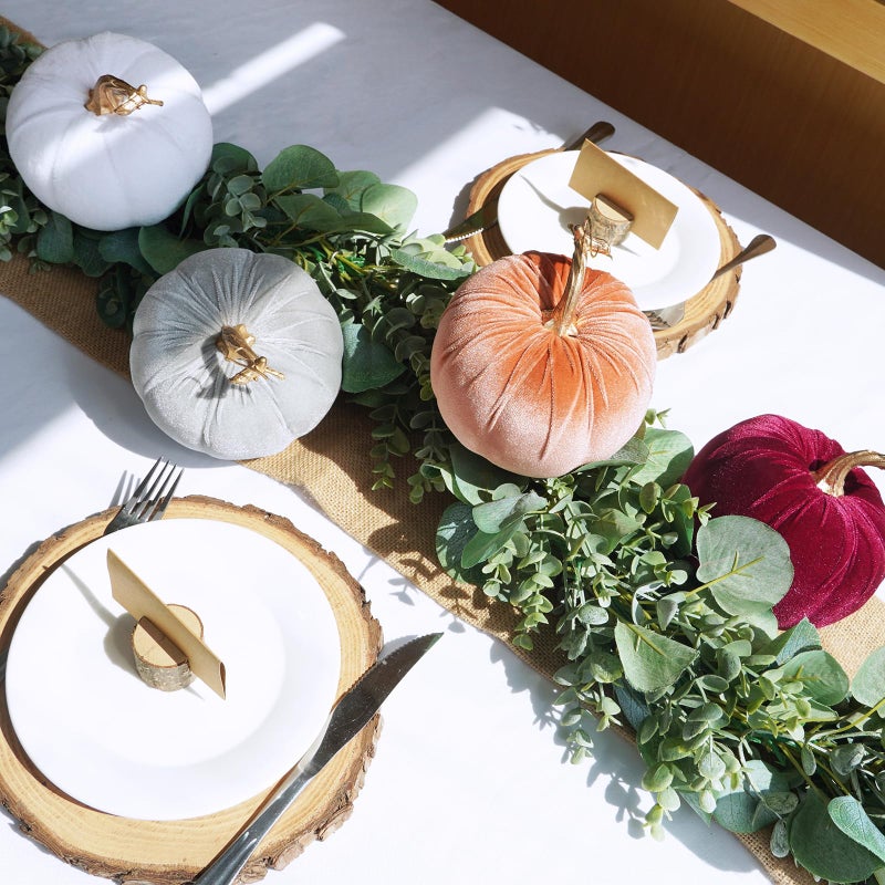 Winlyn Set of 4 Fall Velvet Artificial Pumpkins with Gold Stems Decorative Fabric Pumpkins in Burgundy Bronze Gray White Faux Foam Pumpkins 5"" for Autumn Wedding Thanksgiving Halloween Mantel D?cor - Image 3