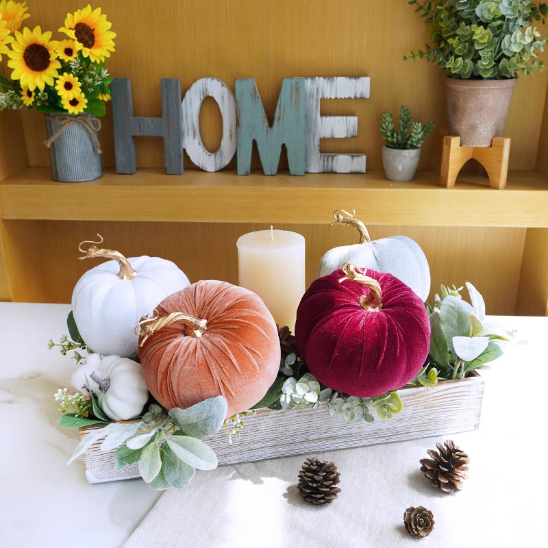 Winlyn Set of 4 Fall Velvet Artificial Pumpkins with Gold Stems Decorative Fabric Pumpkins in Burgundy Bronze Gray White Faux Foam Pumpkins 5"" for Autumn Wedding Thanksgiving Halloween Mantel D?cor - Image 5