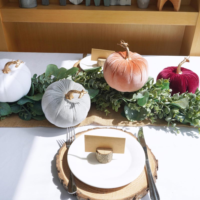 Winlyn Set of 4 Fall Velvet Artificial Pumpkins with Gold Stems Decorative Fabric Pumpkins in Burgundy Bronze Gray White Faux Foam Pumpkins 5"" for Autumn Wedding Thanksgiving Halloween Mantel D?cor - Image 4